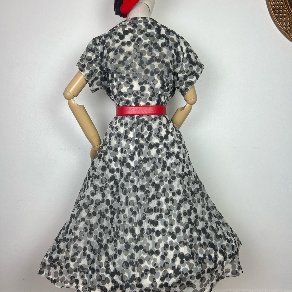 1950’s Vintage BLACK & WHITE Polkadot Polka Dot Chiffon Overlay Party Dress L XL - Picture 5 of 16
